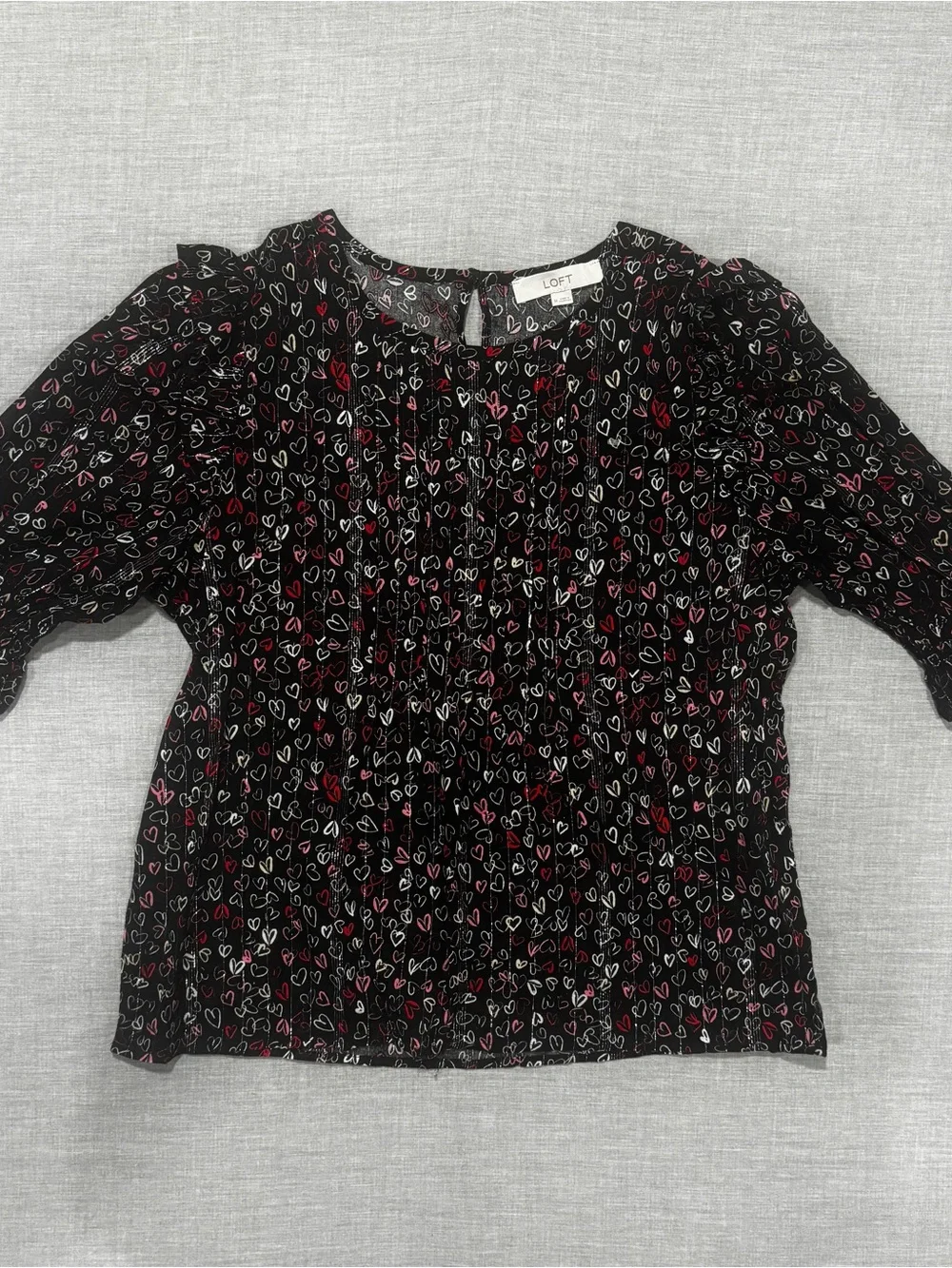LOFT Black Heart-Print Blouse with Pink & Red Accents